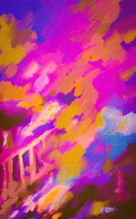 Vibrant Trees Along Bridge Sidewalk or Pathway Aglow w/ Lights in Pinks & Purples & Oranges-Art, Artwork, illustration, design, digital painting, Background, Backdrop, Border, Ad