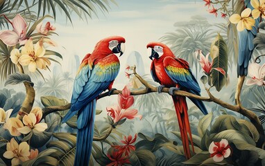 Parrots Vintage Style Wallpaper
