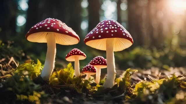Magic Fairytale Mushroom Forest. Fantasy Toadstools in Magical Woods. Slow Motion Cinematic Footage. Storybook Concept Imagery. Animated Background / Live Wallpaper. Four Clips.