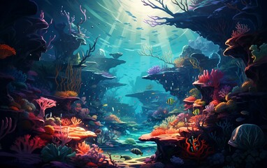 Fototapeta na wymiar Artistic Wallpaper with a Pattern of Coral Reefs, Watercolor Art