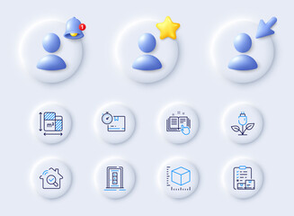 Naklejka premium Eco power, Package size and Inspect line icons. Placeholder with 3d cursor, bell, star. Pack of Door, Inventory checklist, Floor plan icon. Technical documentation, Cardboard box pictogram. Vector
