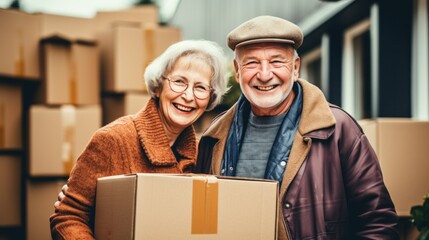 Happy retired couple moving from apartment to new house, packing and unpacking things into boxes for movers