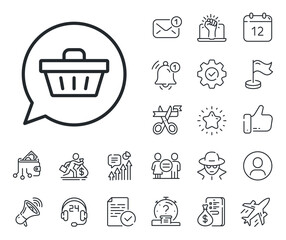 Present box sign. Salaryman, gender equality and alert bell outline icons. Dreaming of Gift line icon. Birthday Shopping symbol. Package in Gift Wrap. Shopping cart line sign. Vector