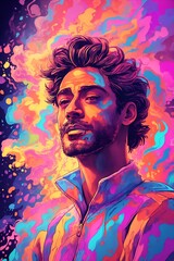 A man with a beard and mustache, colourful abstraction