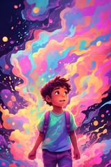 A cartoon of a boy with a colorful explosion