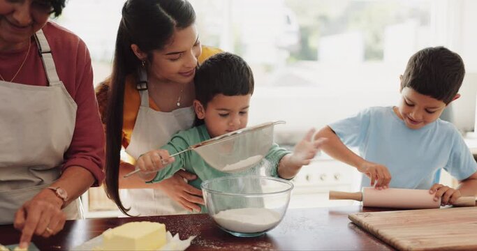 Grandma, happy mother or children baking in kitchen as a family with boys or siblings learning cooking recipe. Cake, child development or senior granny smiling or teaching kids with flour or pin