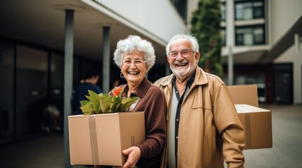 Happy retired couple moving from apartment to new house, packing and unpacking things into boxes for movers - obrazy, fototapety, plakaty