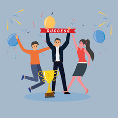 Business Team Success Concept People Celebrating Success With Giant Golden Trophy Achievement , Business competition win vector