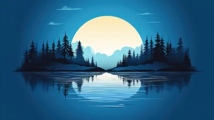 Fotobehang A vector logo template featuring a circular design showcasing a blue and azure lake with the silhouette of a forest, with the reflection of the forest in the water © Chingiz