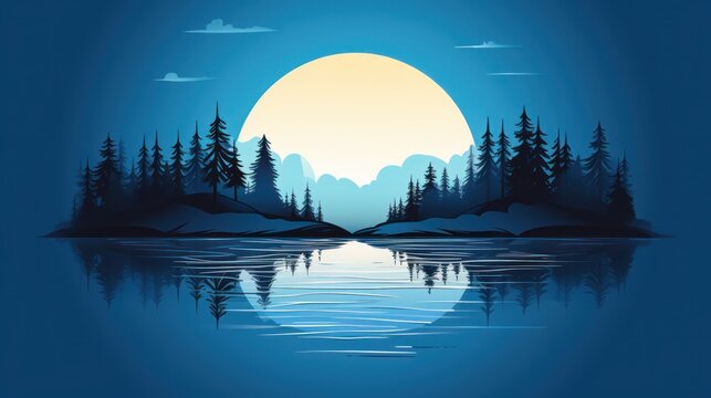 A vector logo template featuring a circular design showcasing a blue and azure lake with the silhouette of a forest, with the reflection of the forest in the water