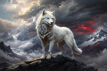 A white wolf standing on a rock - obrazy, fototapety, plakaty