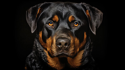 Rottweiler Dog. Portrait closeup and Isolated on black background