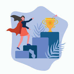 Businesswoman is about to reach to her goal , young woman standing with business award , female holding a victory trophy prize , Win contest Illustration