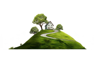 green hill with house and tree on transparent background, png file