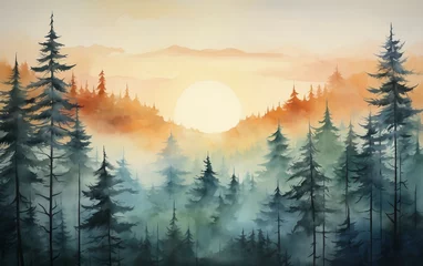 Photo sur Plexiglas Forêt dans le brouillard Watercolor Oil Painting Capturing the Gradient Sky