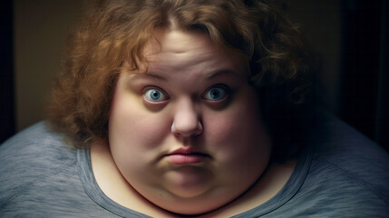Portrait of obese caucasian woman with wide eyes and curly hair