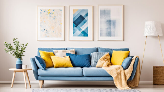 Modern interior with sofa and pictures on wall, everything tuned to pastel colors, especially blue and yellow