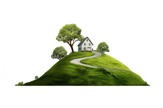 green hill with house and tree on transparent background, png file