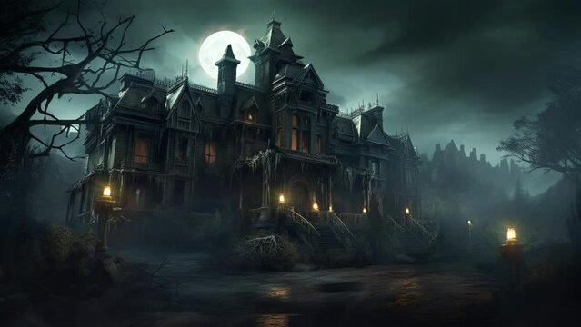 Overgrown Victorian Haunted Mansion in a Moonlit Swamp with Fog, Full Moon, Clouds, and Flying Bats. Looping. Animated Background / Wallpaper. VJ / Vtuber / Streamer Backdrop. Seamless Loop.
