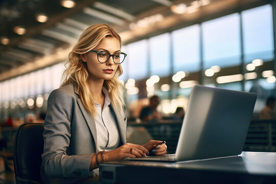 Airport, traveling woman typing on laptop in lobby social media or play on the internet Freelancer and woman with laptop computer ready to connect to network and waiting for flight to depart