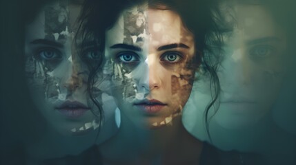 Distressed woman with bipolar disorder, schizophrenia, depression, and split personality disorder. Psychological conditions struggle with mental illnesses. - obrazy, fototapety, plakaty