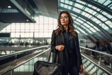 Obraz premium Portrait of young female traveler holding a suitcase in the airport. Business woman traveling by plane