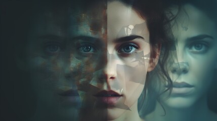 Distressed woman with bipolar disorder, schizophrenia, depression, and split personality disorder. Psychological conditions struggle with mental illnesses. - obrazy, fototapety, plakaty