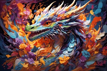 Fototapeta premium A colorful dragon with sharp horns, abstraction