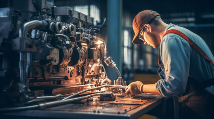 Repairman worker in factory repairs metal equipment