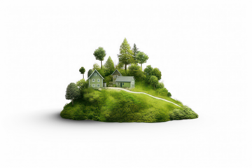green hill with house and tree on transparent background, png file