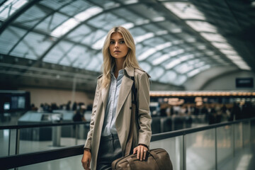 Obraz premium Portrait of young female traveler holding a suitcase in the airport. Business woman traveling by plane