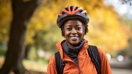 a female biker smiling for the camera in a public park