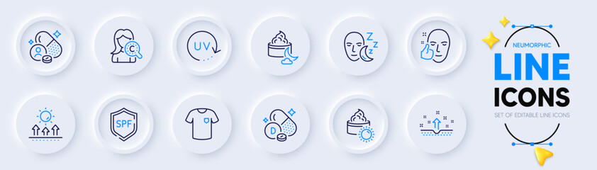 Spf protection, Sun cream and Healthy face line icons for web app. Pack of Clean skin, Uv protection, Vitamin d pictogram icons. Night cream, Collagen skin, Vitamin signs. Sleep, T-shirt. Vector