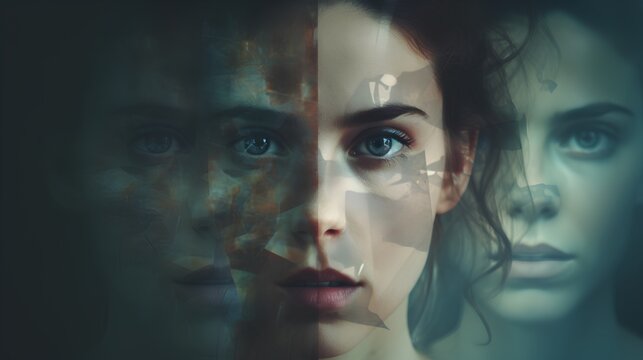 Distressed woman with bipolar disorder, schizophrenia, depression, and split personality disorder. Psychological conditions struggle with mental illnesses.