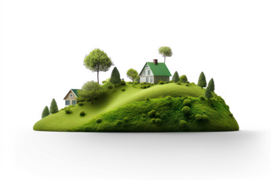 green hill with house and tree on transparent background, png file