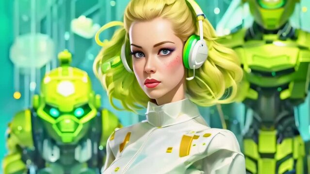 Retro Future 1960s Style Image of an Atomic Space Woman with Vintage Robots on a Radioactive Alien Planet. Looping. Animated Background / Wallpaper. VJ / Vtuber / Streamer Backdrop. Seamless Loop.
