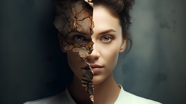 Split personality with two faces. Bipolar disorder as woman with rapid emotions, mood and feelings change. Psychological problems, like schizophrenia, depression and anxiety.