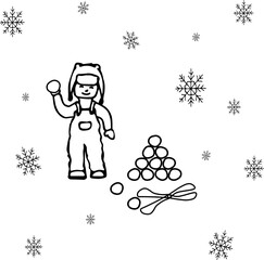 Winter doodle kid playing snowball game outdoor vectors