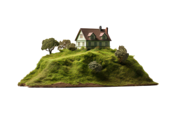 green hill with house and tree on transparent background, png file