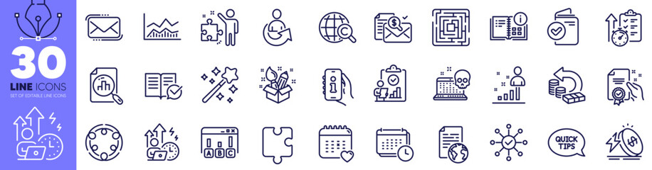 Trade infochart, Difficult stress and Puzzle line icons pack. Share, Certificate, Approved documentation web icon. Calendar, Inspect, Timer pictogram. Strategy, Messenger mail, Survey check. Vector