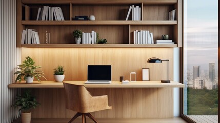 modern home office interior with windows built in wooden shelves and laptop placed on desk
