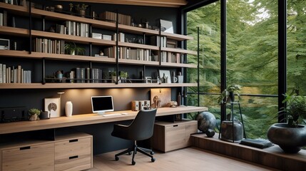 modern home office interior with windows built in wooden shelves and laptop placed on desk - obrazy, fototapety, plakaty