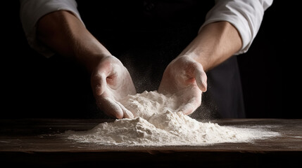 Hands of a male baker working with flour, preparing to make fresh dough to bake bread and pastries. Traditional cuisine.