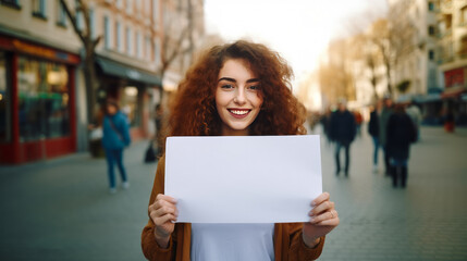 Laughing beautiful woman standing on street and holding white blank paper sign in her hands