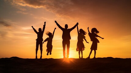 Silhouette Happy family people group celebrate jump for a good life on weekend concept for win the victory, person faith in financial freedom healthy wellness