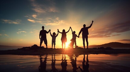 Silhouette Happy family people group celebrate jump for a good life on weekend concept for win the victory, person faith in financial freedom healthy wellness - obrazy, fototapety, plakaty