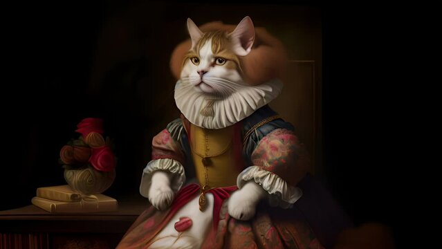 Renaissance Cats. Oil Painting Style. Cinematic Footage. Medieval Concept Imagery. Fantasy / Historic Animated Background / Live Wallpaper. Four Clips.