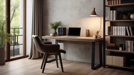 Table with laptop in home office interior.
