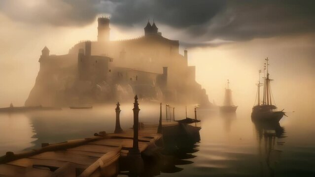 Historic Scenes of a Tall Ships in a Medieval Harbor with Lamp Lit Dock, Fog, and Ancient Castle. Cinematic Footage. Commercial / Product Concept Imagery. Animated Background / Wallpaper. Four Clips.