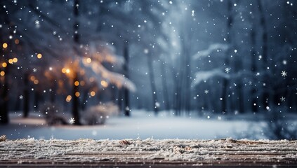 Falling snow on a wooden bench in the park. Winter background